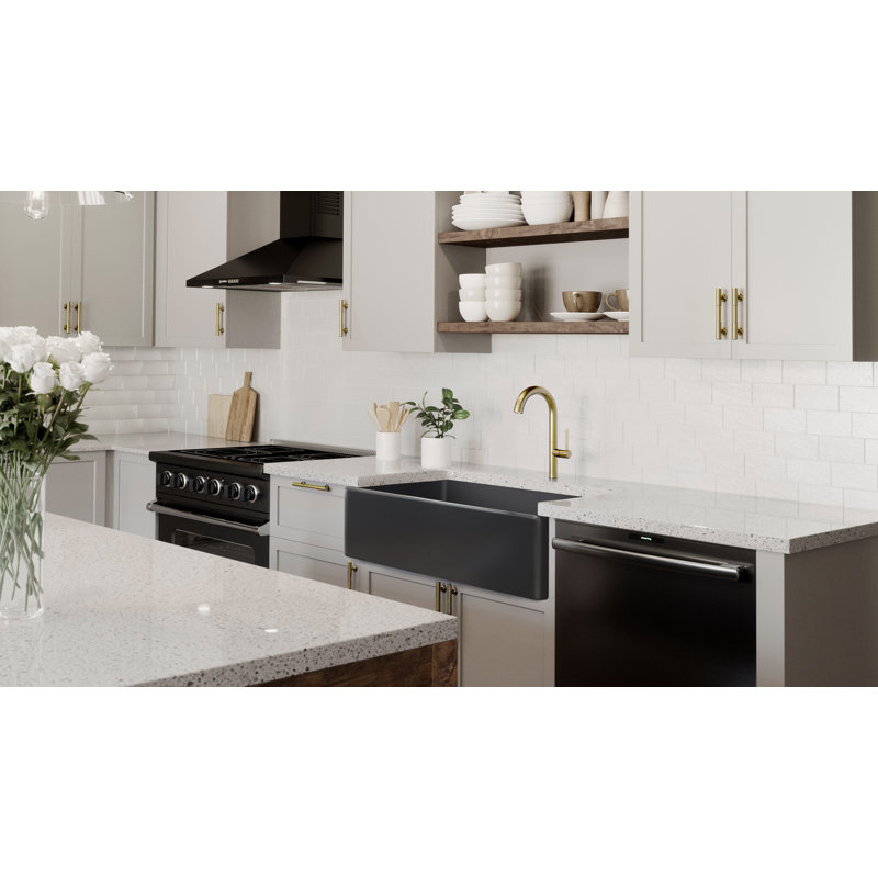 Luxury 33" L x 20" W Dual Mount Kitchen Sink with Basket Strainer, Matte Black/Brushed Brass