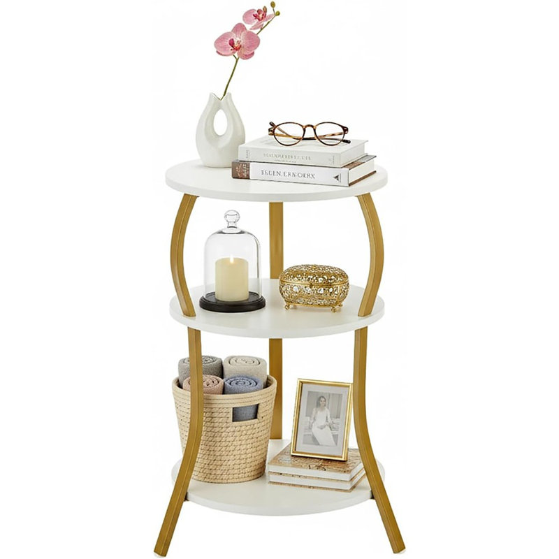 Table d'appoint ronde vintage, table de bout mince à 3 niveaux avec rangement, blanc et or