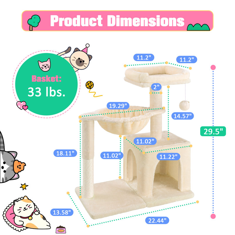 Arbre à chat 29,5 po en peluche avec condo, poteau à griffer, hamac et balle, Beige