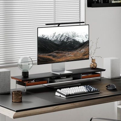 Acrylic Monitor Stand for Desk, 2 Tier Dual Monitor Riser with Solid Wood Drawers, 42.5 Inch Computer Stand for Two 27 Inch Monitors