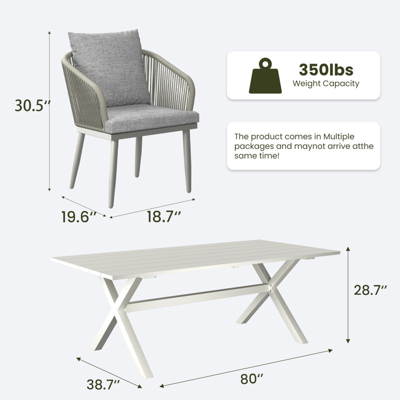 Ensemble de salle à manger d'extérieur en corde tressée 5 pièces avec table rectangulaire en aluminium et chaises modernes, 4