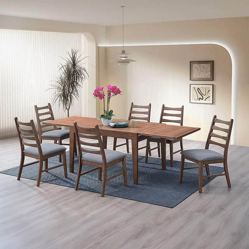 Table de salle à manger à rallonge en noyer 7 pièces, 7 pièces : table, 6 chaises, Gris foncé