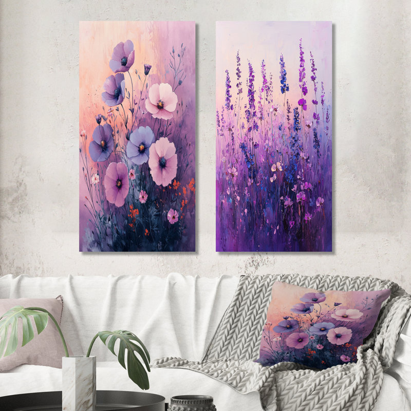 Rêves de fleurs sauvages dans un surréalisme violet - collection de 2 panneaux muraux floraux, H 28 po x l 25 po