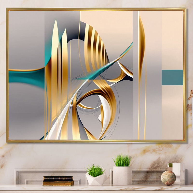 «Minimal Gold Abstraction On Turquoise Horizon I», art mural fractales, Cadre flottant doré, H 24 po x l 32 po x P 1 po