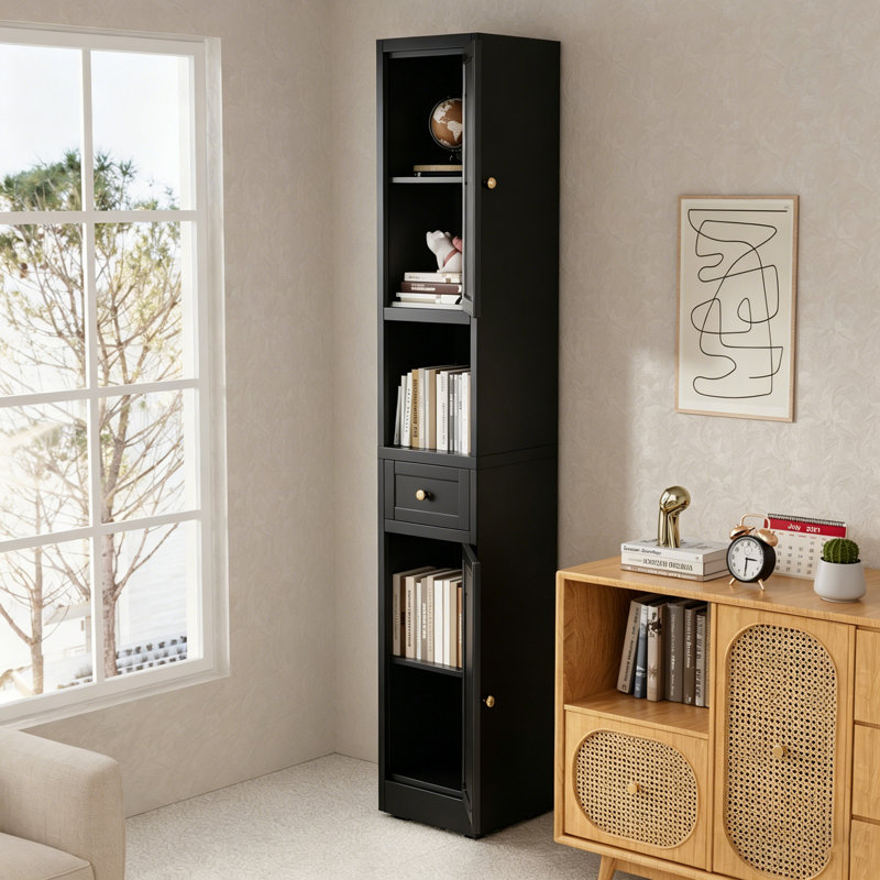 Tall Bathroom Storage Cabinet with Freestanding Adjustable Shelves, Black