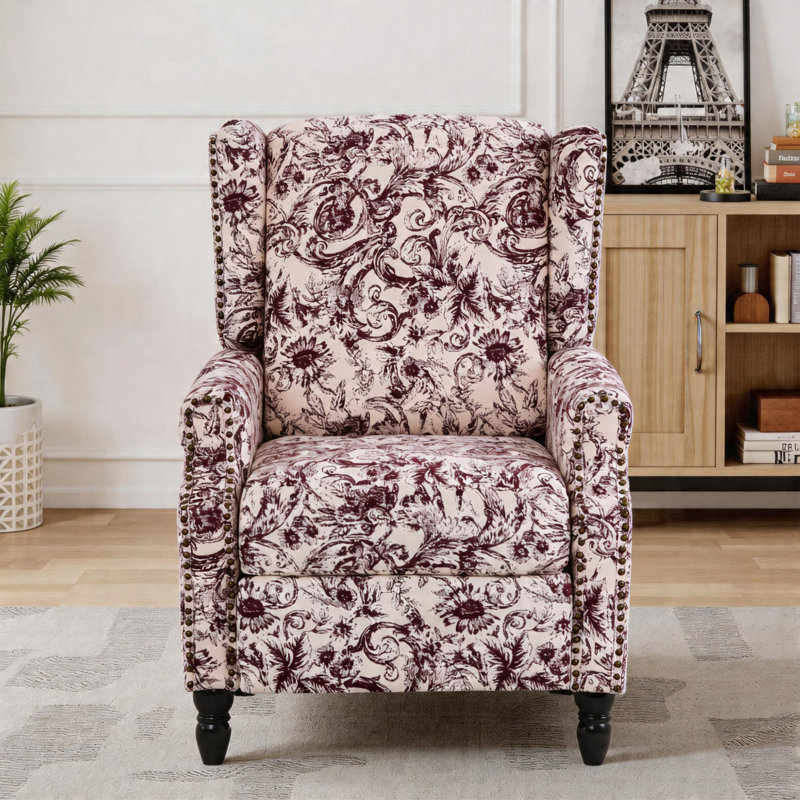 Ameiah 74 cm W Upholstered Wing Back Manual Push Back Recliner with Naihead Trims, Rococo Plum Chenille