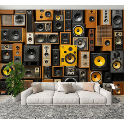 Papier peint auto-adhésif de style rétro avec haut-parleurs de musique rétro murales H 100 po x l 144 po Papier mural amovible en PVC auto-adhésif pour chambre à coucher, salon, bureau à domicile