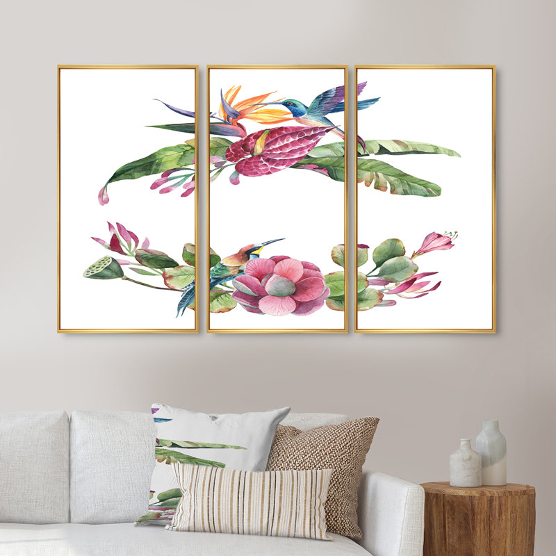 «Spring Bouquet With Pink Flowers III», ensemble de 3 impressions sur toile, H 32 po x l 48 po x P 1 po, Encadrement doré