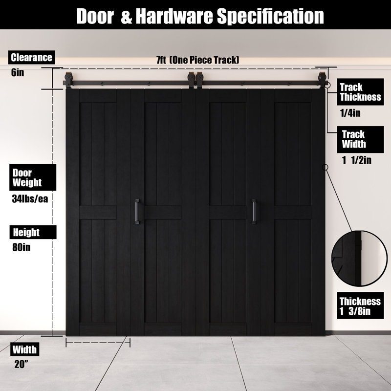 Porte de grange noire non assemblée et finie de 80 po de hauteur, quatre portes de 20 po x 80 po avec quincaillerie de fixation supérieure pliable Homacer