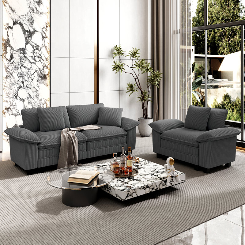 Living Room Set, Light Grey Corduroy