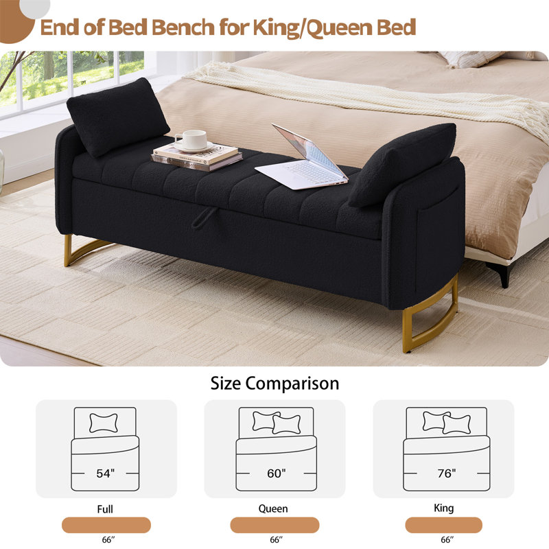 66"W Upholstered Flip Top Teddy Storage Bench with Gold Legs and 2 Pillows, Black Teddy, 23.25'' H X 66'' W X 22.5'' D