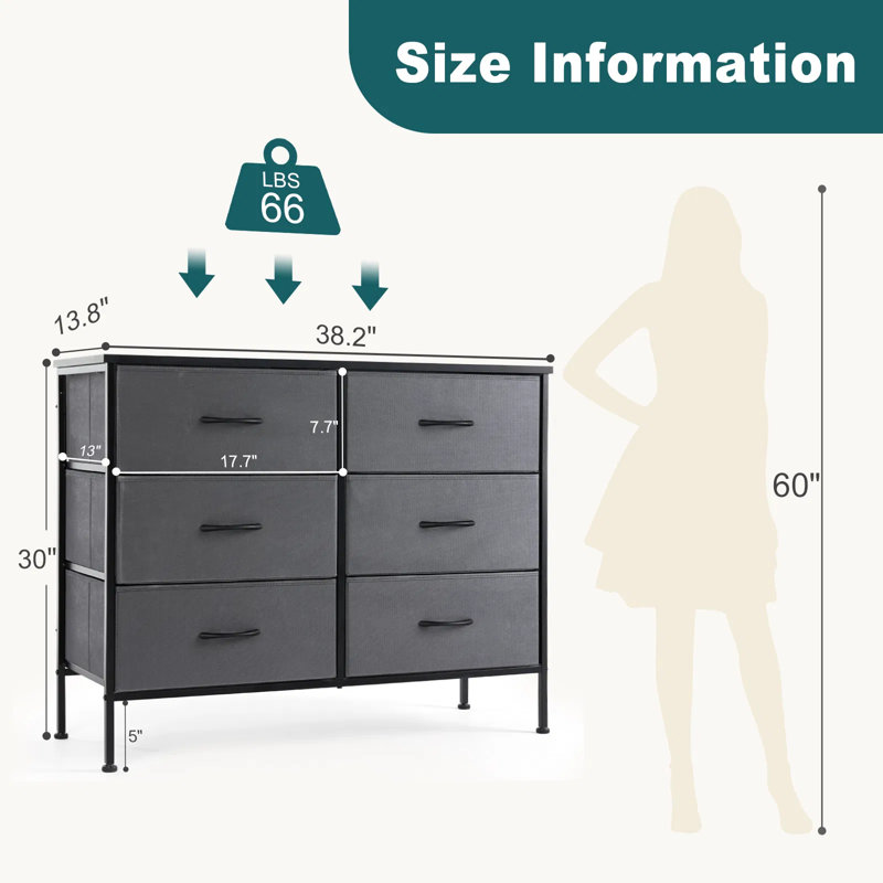 38" Wide 6-drawer Fabric Dresser Storage Tower With Wood Top And Metal Frame, Chest Of Drawers For Bedroom Closet Nursery, Tv Stand With Anti-tip Safety