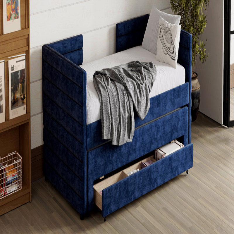 Lit de jour gigogne rembourré, lit simple et 3 tiroirs de rangement, canapé-lit en tissu de chenille pour chambre d'amis, salon, cadre de lit de jour moderne peu encombrant, aucun sommier nécessaire