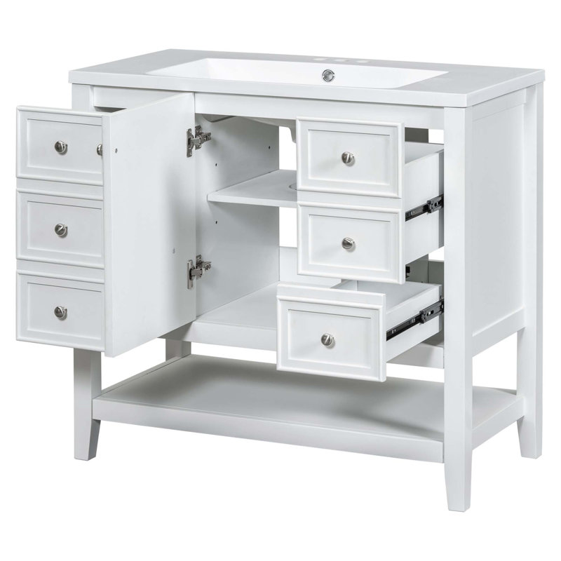 Ensemble de meuble-lavabo 36 po avec lavabo, une armoire et trois tiroirs, une tablette ouverte, Blanc