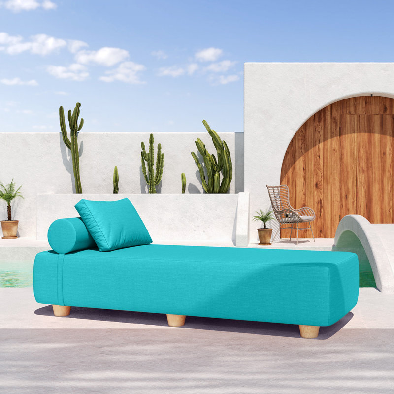 Alvy Outdoor Sunbrella Luxurious Chaise Sun Lounger with Hevea Wood Feet, Blue