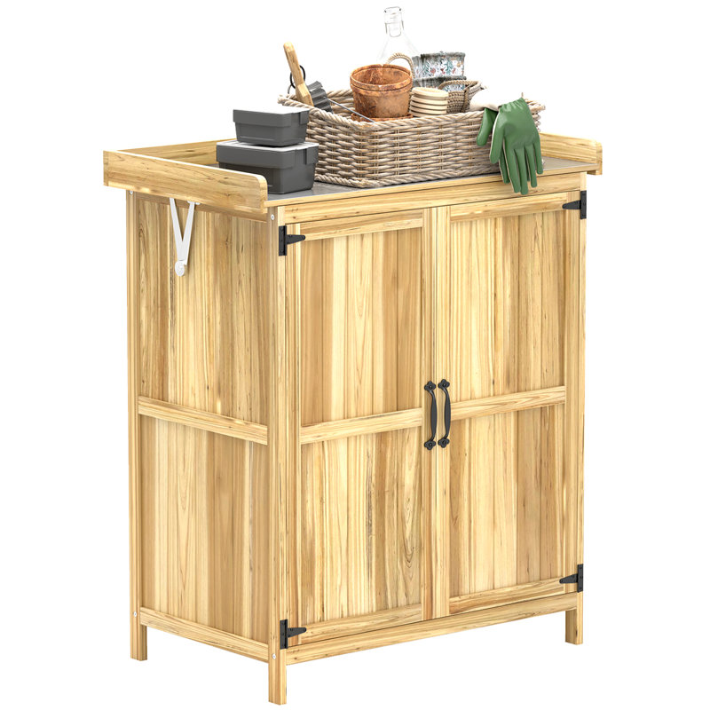 Outdoor Storage Cabinet, Garden Tool Shed with Metal Tabletop and Shelf, Wooden Potting Bench with 2 Doors for Backyard, Patio, Lawn, Natural Wood