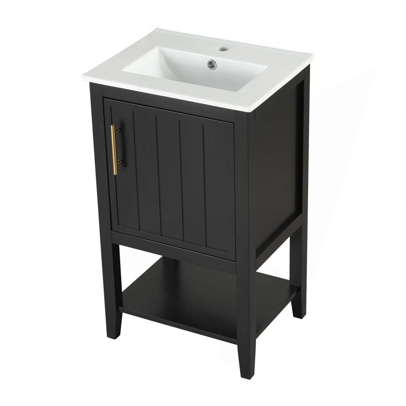 Meuble-lavabo de 20 po avec lavabo, armoire de salle de bain avec porte à fermeture douce, support de rangement et tablette ouverte, noir