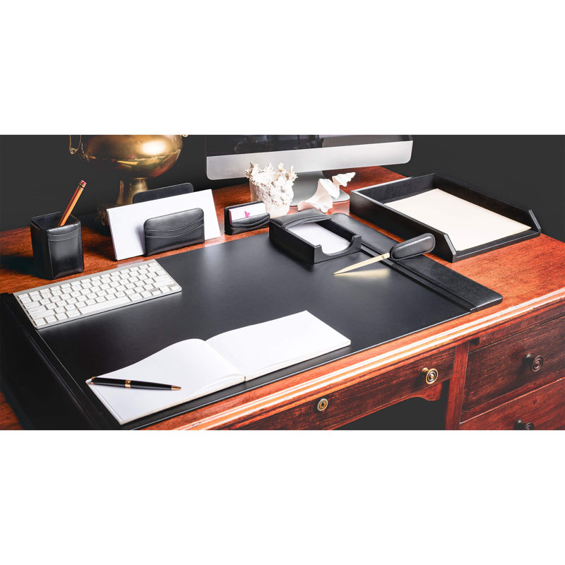 Black Leather 7-Piece Desk Organizer Set with Felt Backing