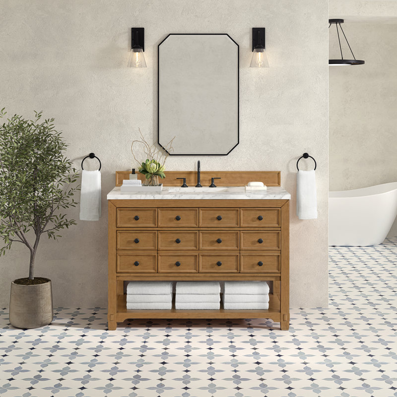 Malibu 48'' W Single Vanity, Widespread, Amber Birch, Carrara Marble