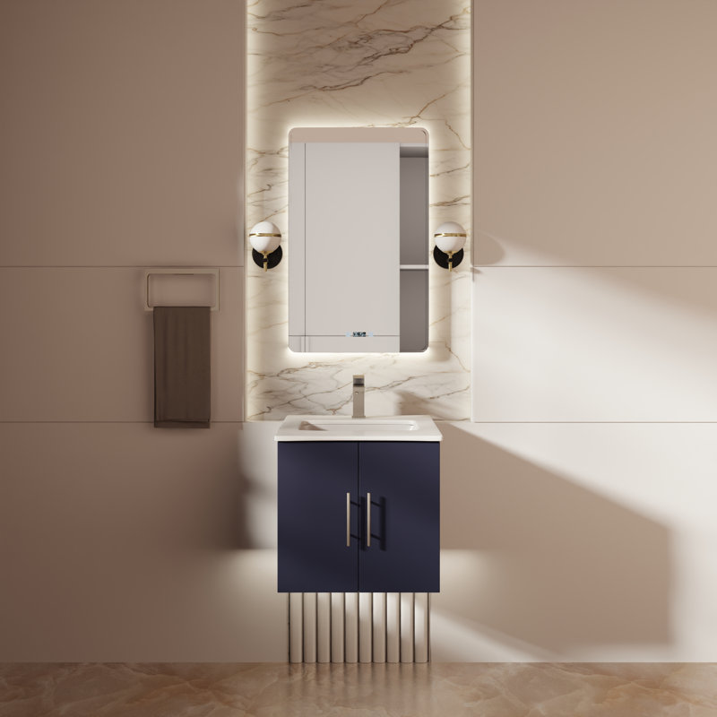 Meuble-lavabo simple 24 po avec plateau Geneva, Marbre de culture blanc, Navy Blue