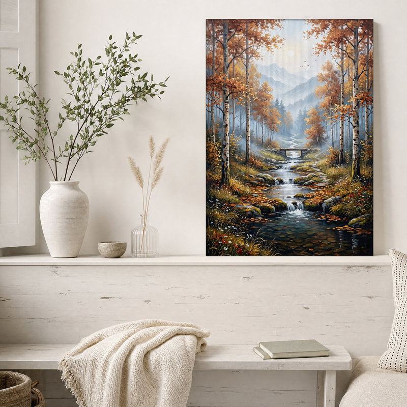 Tableau sur toile représentant un ruisseau dans une forêt de bouleaux en automne avec un pont de pierre, H 36 po x l 24 po