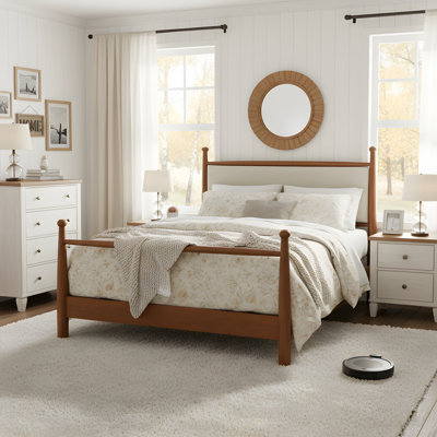 Solid Poplar & Plywood Bed Frame with Upholstered Headboard, Queen