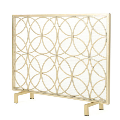 Fashionable Iron Fireplace Guard, Overlapping Geometric Pattern, Single Panel, Gold ,
