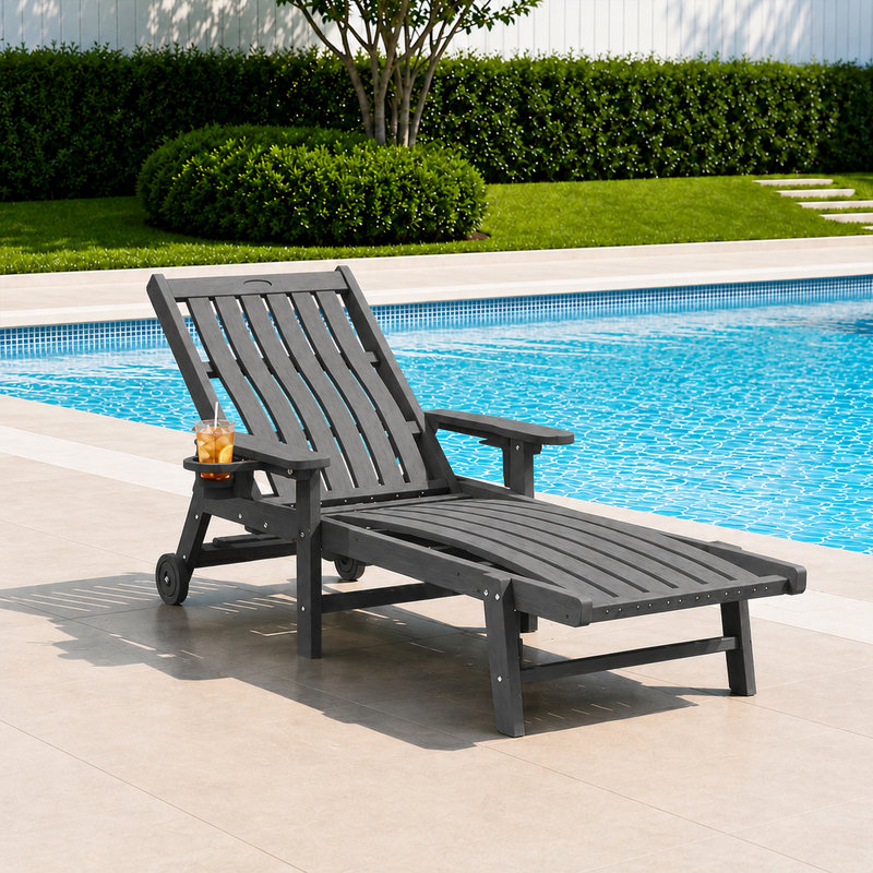 Dareona Outdoor HDPE Adjustable Reclining Chaise Lounge Chair With Wheels & Cup Holder, Gray