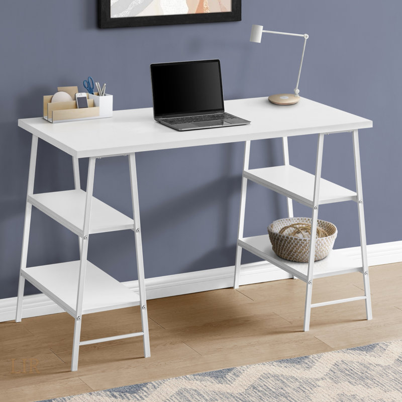Modern Industrial Computer Desk With Storage Shelves, For Home Office And Small Workspaces, White Laminate And Metal