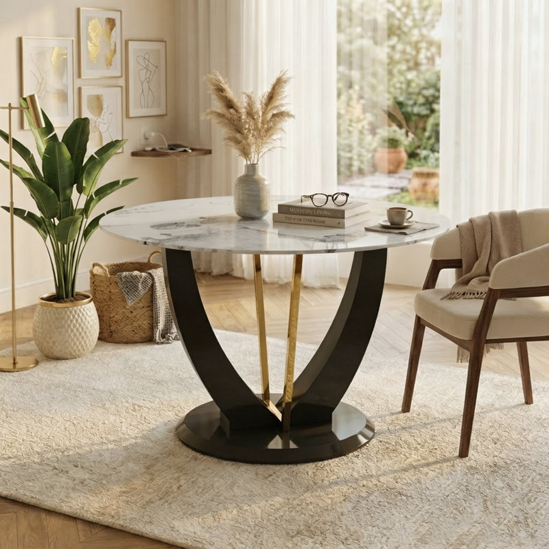 Table de salle à manger ronde Contemporary, H 30 po x L 48 po x l 48 po, Beige/gris