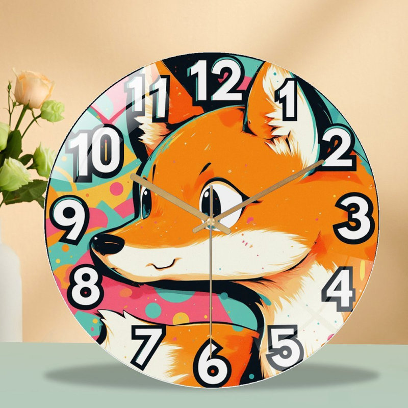 Horloge murale mignonne renard orange pour décoration intérieure - Horloge murale moderne en verre 12 po