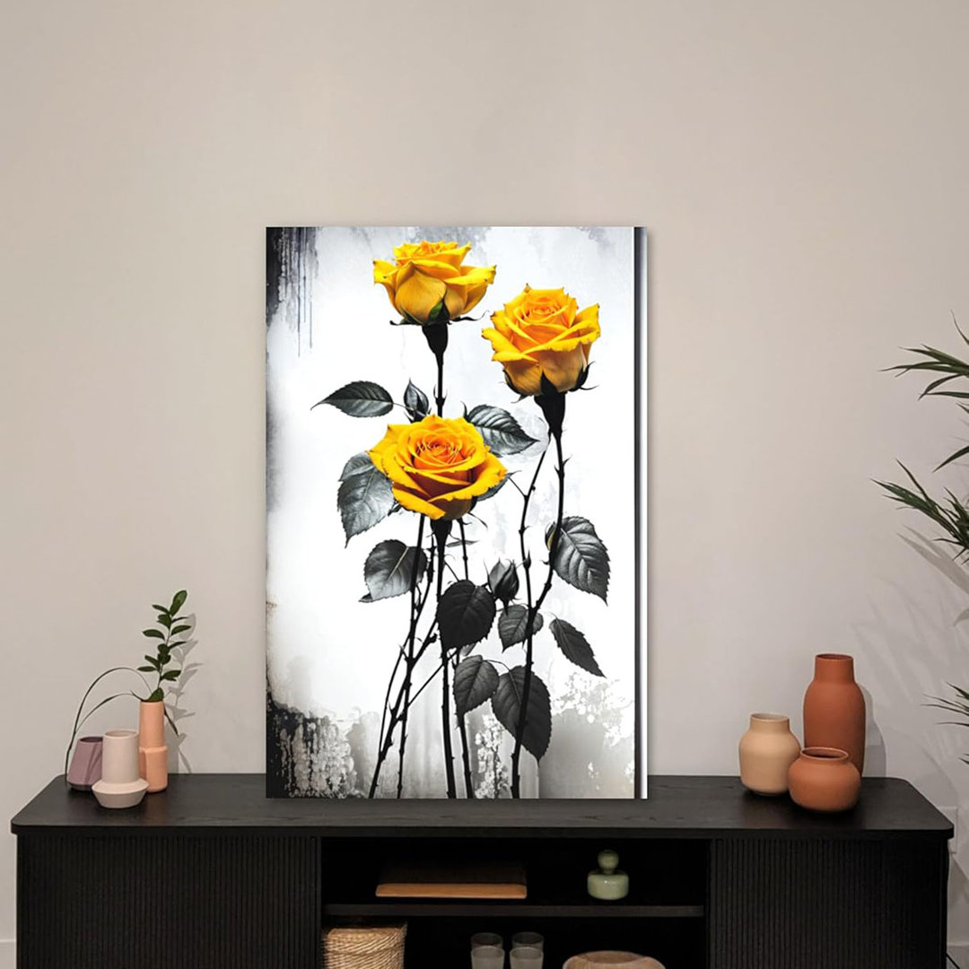 Rose Canvas Wall Art Yellow Flower Picture Print Wall Decor Black And White Painting Vintage Artwork For Modern Home Living Room Bedroom Bathroom Deco