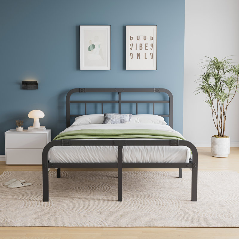 14'' High Metal Platform Bed Frame With Headboard And Footboard, Underbed Storage, Industrial Style, Queen