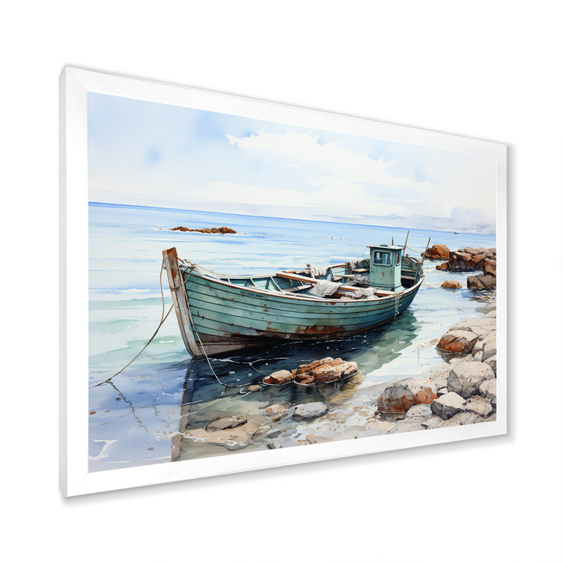 «Fishing Boat At The Beach I», reproduction sur toile, H 12 po x l 20 po x P 1 po, Cadre simple blanc