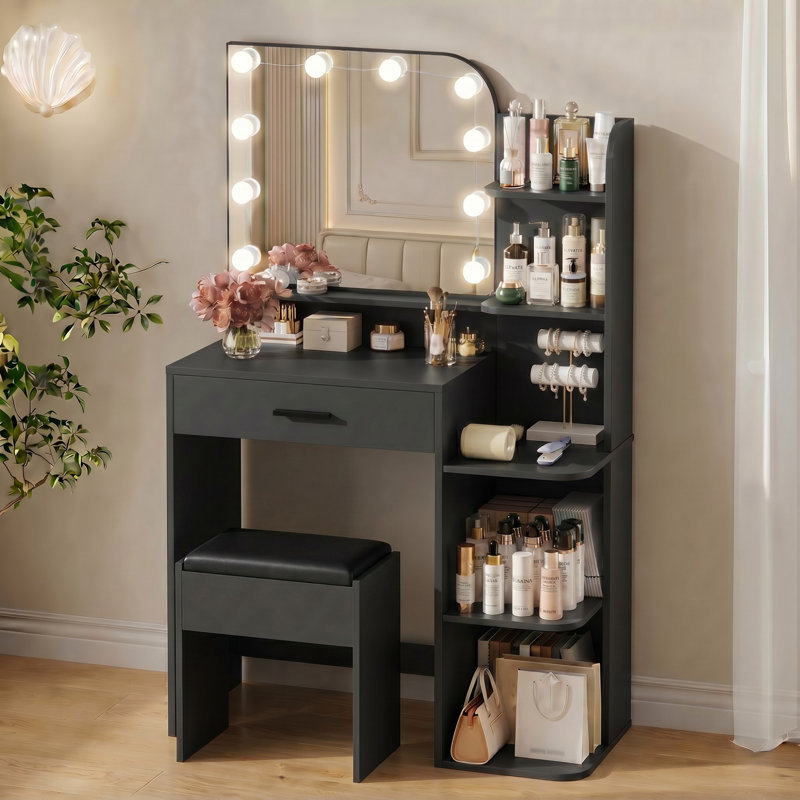 Makeup Vanity With LED Lighted Mirror And 5 Open Shelves For Bedroom, Black