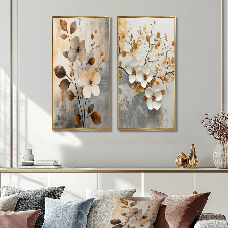 Fleurs de cerisier orange gris botanique III - ensemble de 2 fleurs de cerisier, H 40 po x l 40 po, Cadre flottant doré