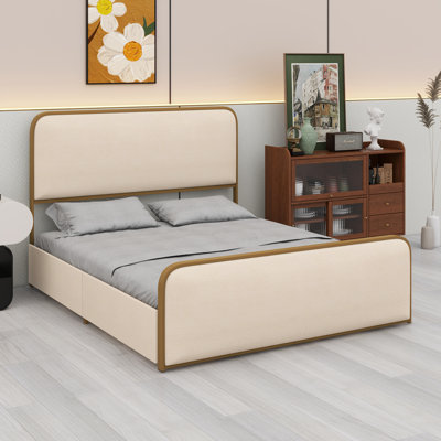 Gold Modern Metal Bed Frame With Curved Upholstered Headboard