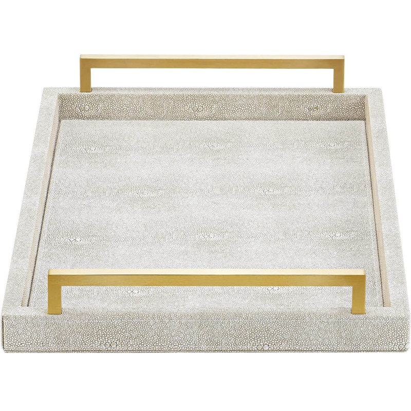 Faux Leather Serving Tray With Brushed Gold Handles, Ivory