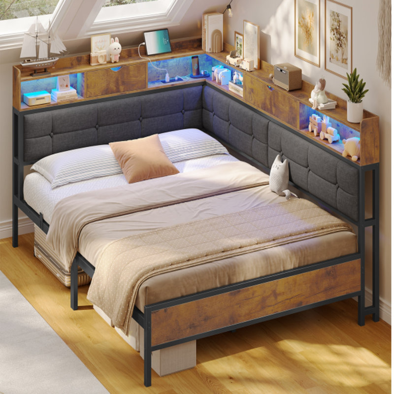 Storage Day Bed Linen Corner Bed with LED Light & Charging Station No Mattress, Double-135x190cm, Grey