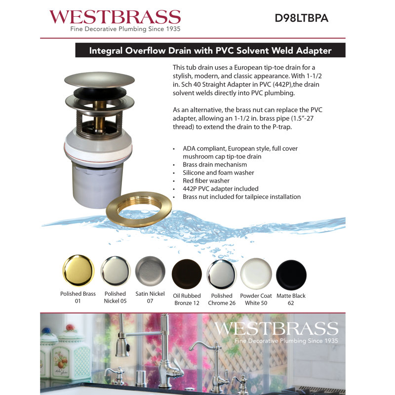 Integrated Overflow Drain 1-1/2 in. NPSM Coarse Thread Tip-Toe Mechanism with PVC Adapter, Matte Black