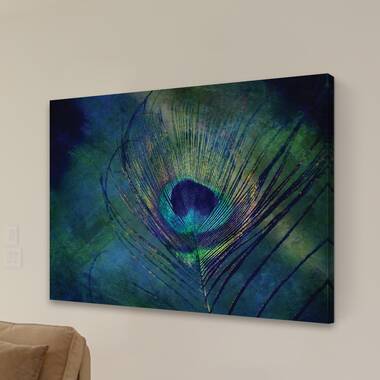 Framed Canvas Art (Gold Floating Frame) - Peacock Feather Symmetry I by Alyson Fennell ( Decorative Elements > Feathers art) - 40x26 in