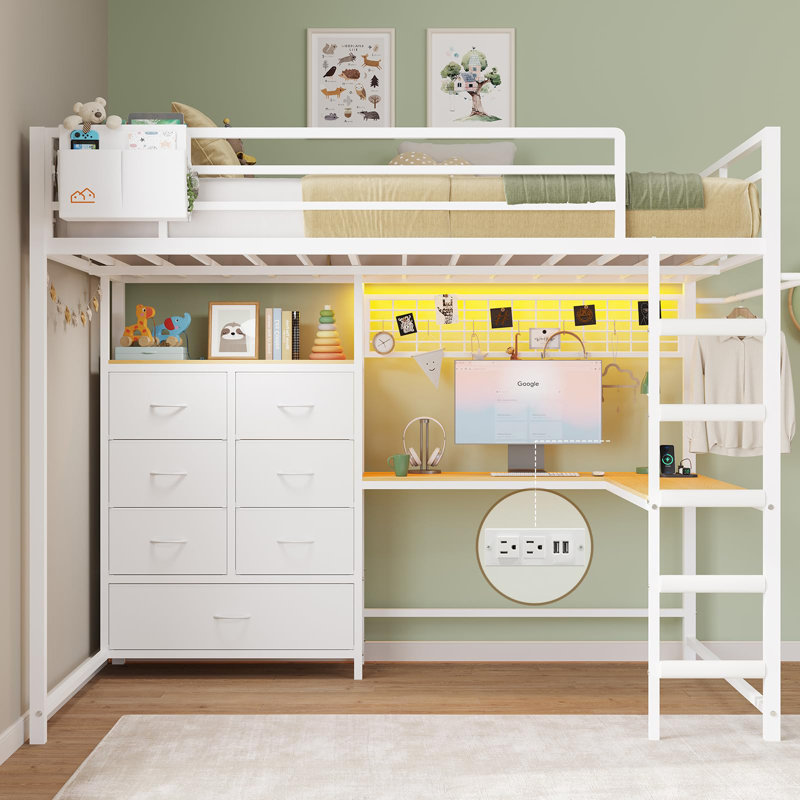 Full Loft Bed With L-Shaped Desk And 7 Storage Drawers,Metal Full Size Loft Bed For Led Lights And Charging Station,13.11" H Safety Guardrail And Ladder,No Box Spring Needed, White