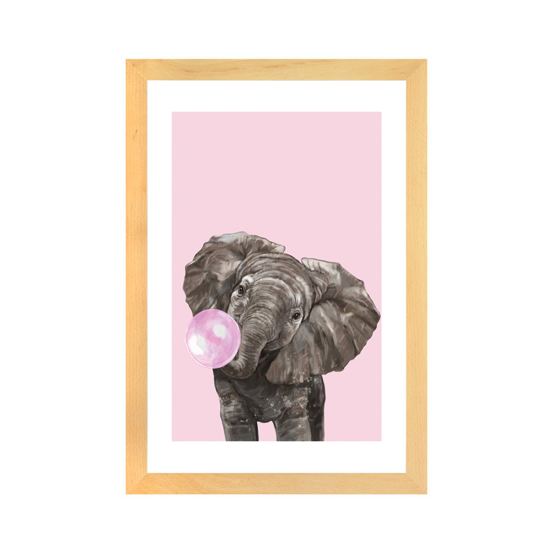 Art d’éléphant de gomme à bulles, H 24 po x l 16 po x P 1 po, Papier encadré naturel