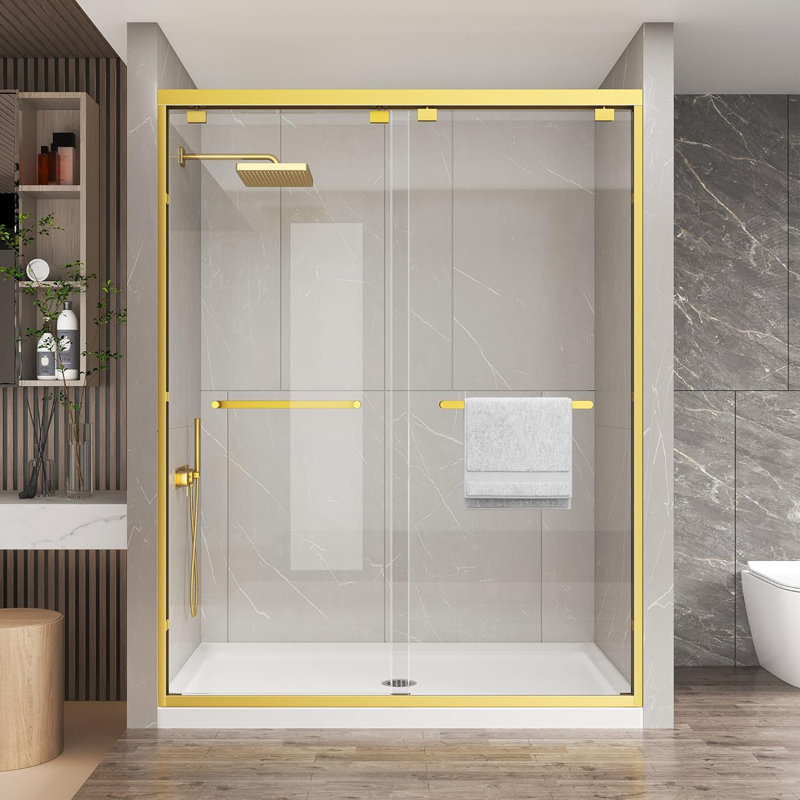 49"-54" W x 76" H Double Sliding Door Framed Shower Door with Two Towel Bars, Easy-Clean Coating, Explosion-Proof Film, Brushed Gold