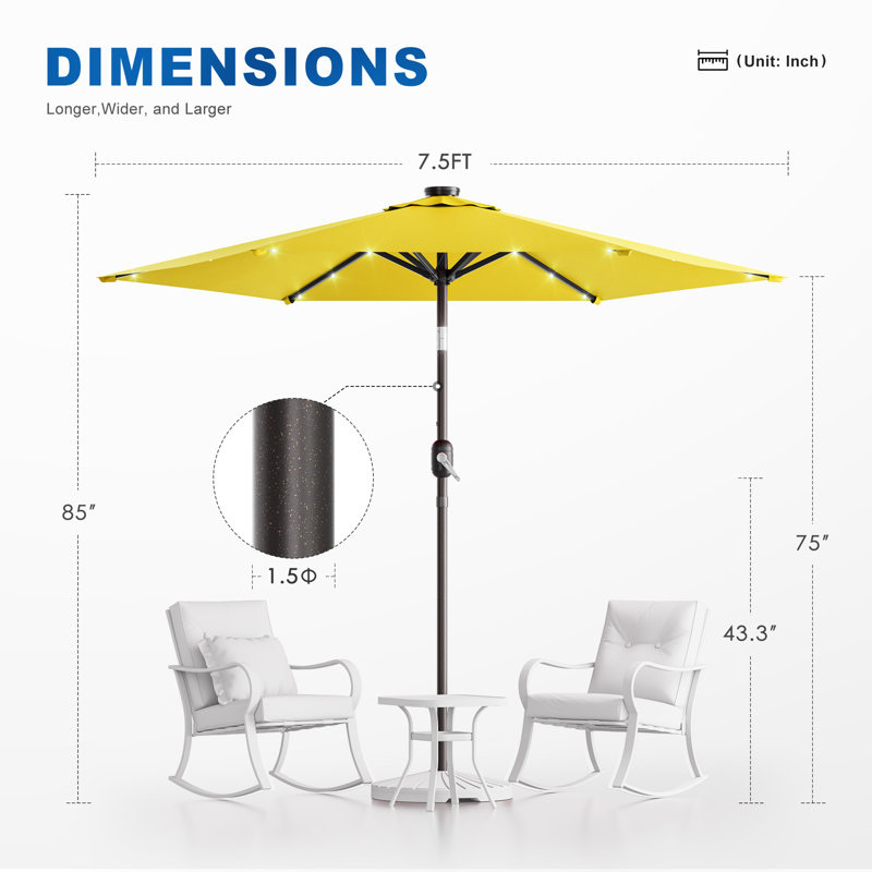 Parasol rond de 7,5 pi à DEL avec protection UV, inclinaison facile et caractéristiques de résistance au vent, Jaune