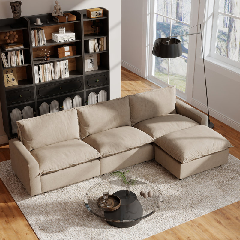 Moncada 4-Piece Upholstered Modular Linen Fabric Sofa With Ottoman, Khaki
