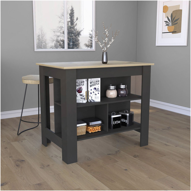 Kitchen Island, Kitchen Table 35" H, Four Legs, Three Open Storage Shelves, Black / Light Oak, Black/Light Oak