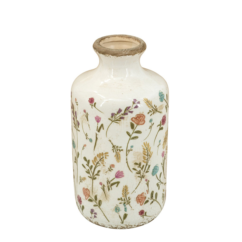 D4.3x8.3" Ceramic Cylinder Vase with Multi-Colored Floral Motifs, 8.3"