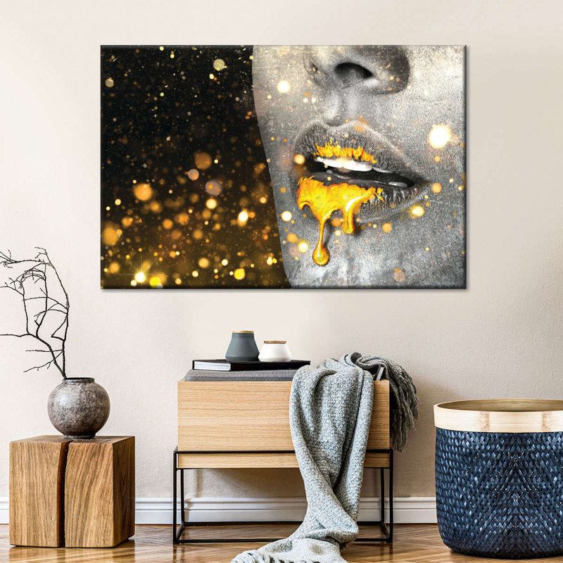 «Gold Glitter Lips Paint Drip» sur toile, H 20 po x l 30 po x P 1,25 po