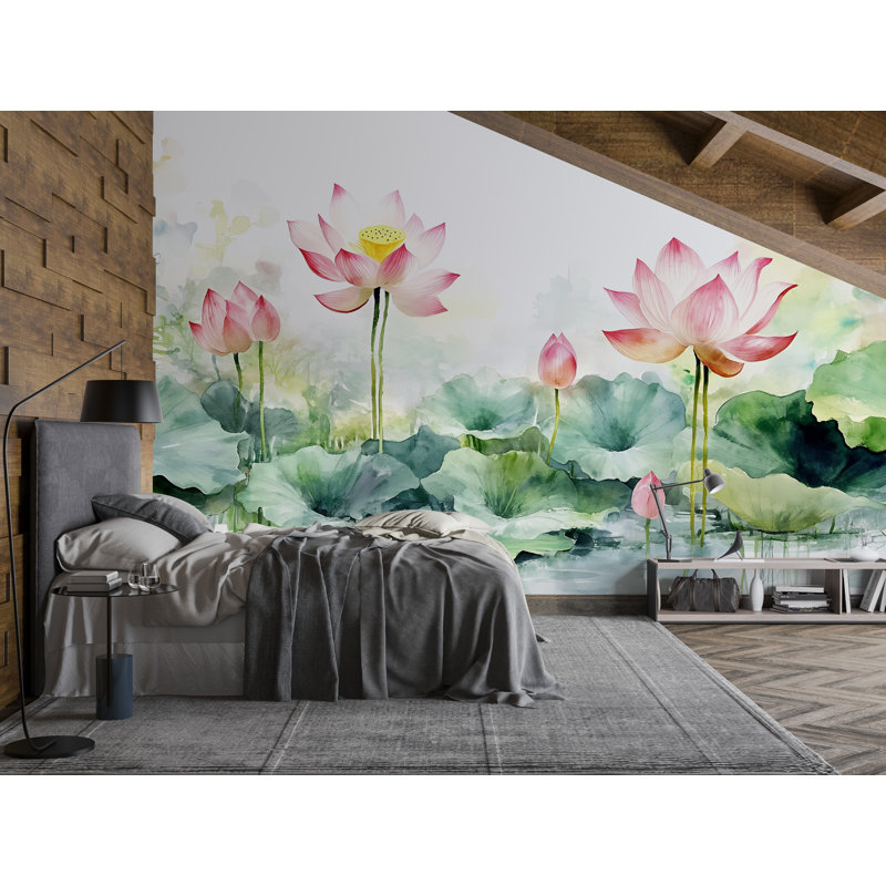 Élégant papier peint étang de lotus - Aquarelle murale botanique avec fleurs de lotus rose - Spa et décoration murale zen